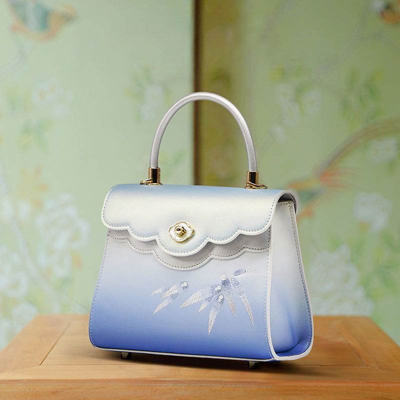 Embroidery Leather Blue Tote Bag Bamboo Elegant Handbag - SinoCultural