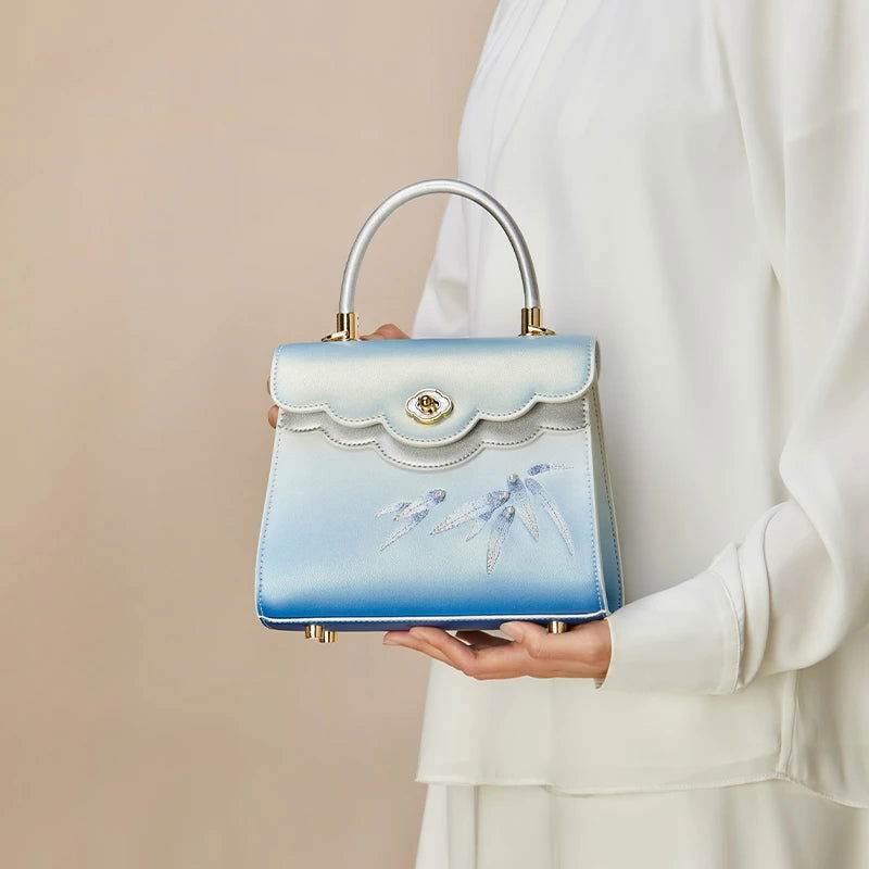 Embroidery Leather Blue Tote Bag Bamboo Elegant Handbag - SinoCultural