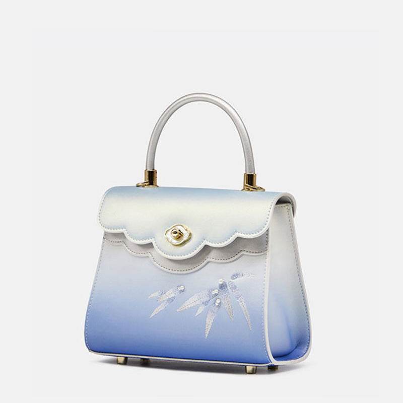 Embroidery Leather Blue Tote Bag Bamboo Elegant Handbag - SinoCultural