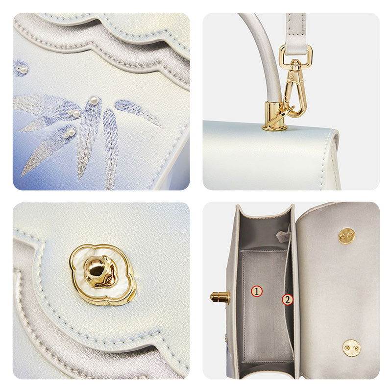 Embroidery Leather Blue Tote Bag Bamboo Elegant Handbag - SinoCultural