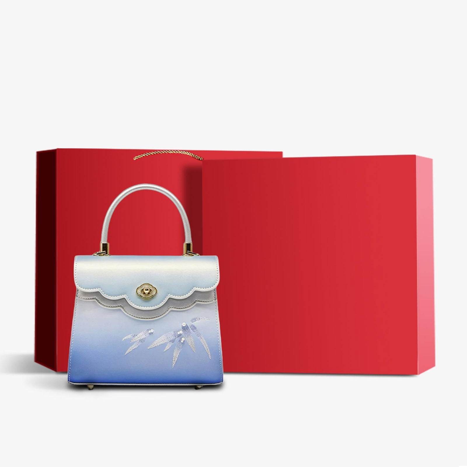 Embroidery Leather Blue Tote Bag Bamboo Elegant Handbag - SinoCultural