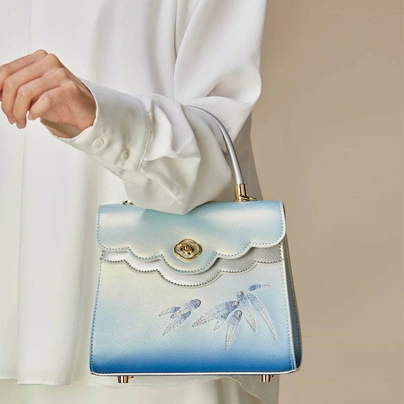 Embroidery Leather Blue Tote Bag Bamboo Elegant Handbag - SinoCultural