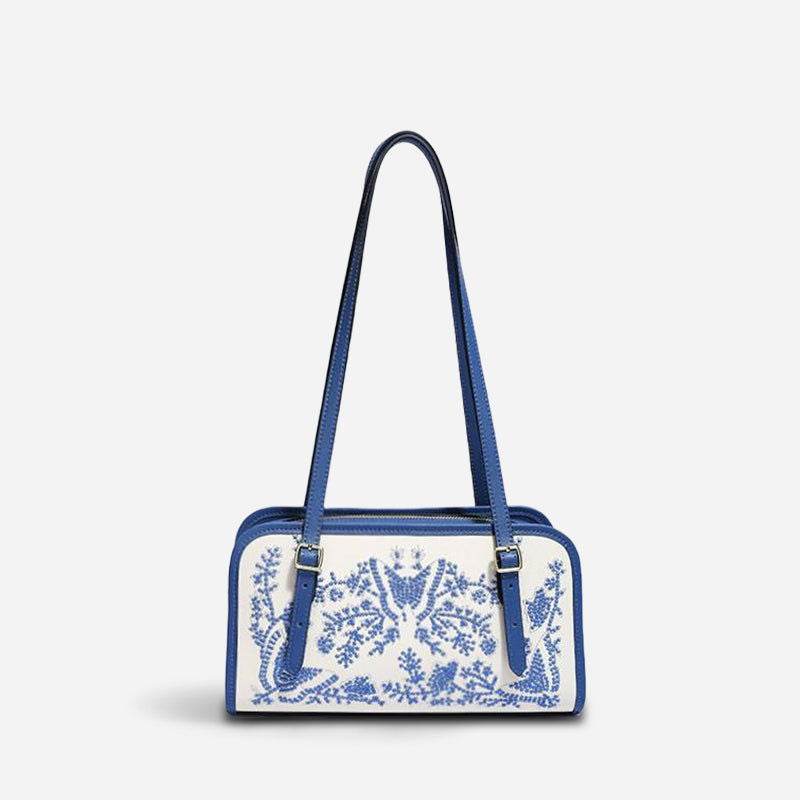 Embroidery Leather Blue and White Shoulder Bag Designer Handbag SinoCultural Blue Bag with Gift Box