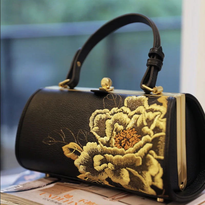 Embroidery Leather Chain Barrel Bag Royal Gold Peony Luxury Handbag Sinocultural