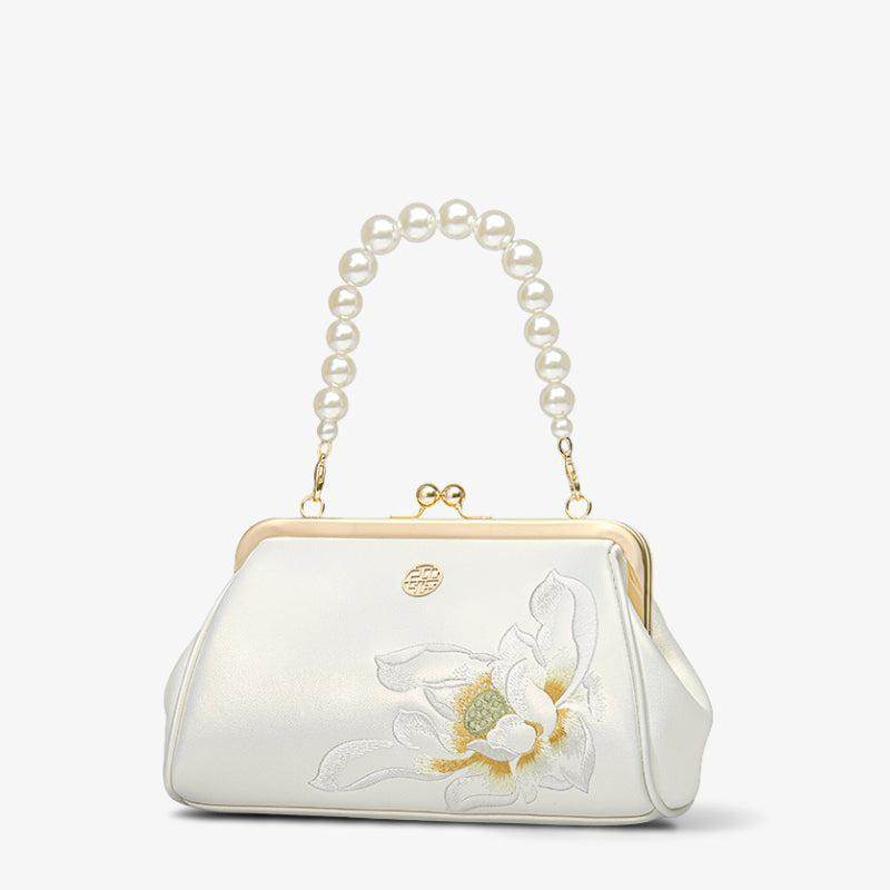 Embroidery Leather Kiss Lock Clutch Bag Lotus Evening Handbag - SinoCultural