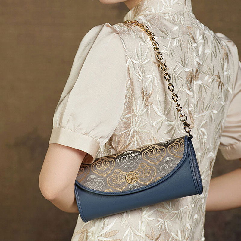 Embroidery Leather Clutch Baguette Bag Auspicious Cloud - SinoCultural