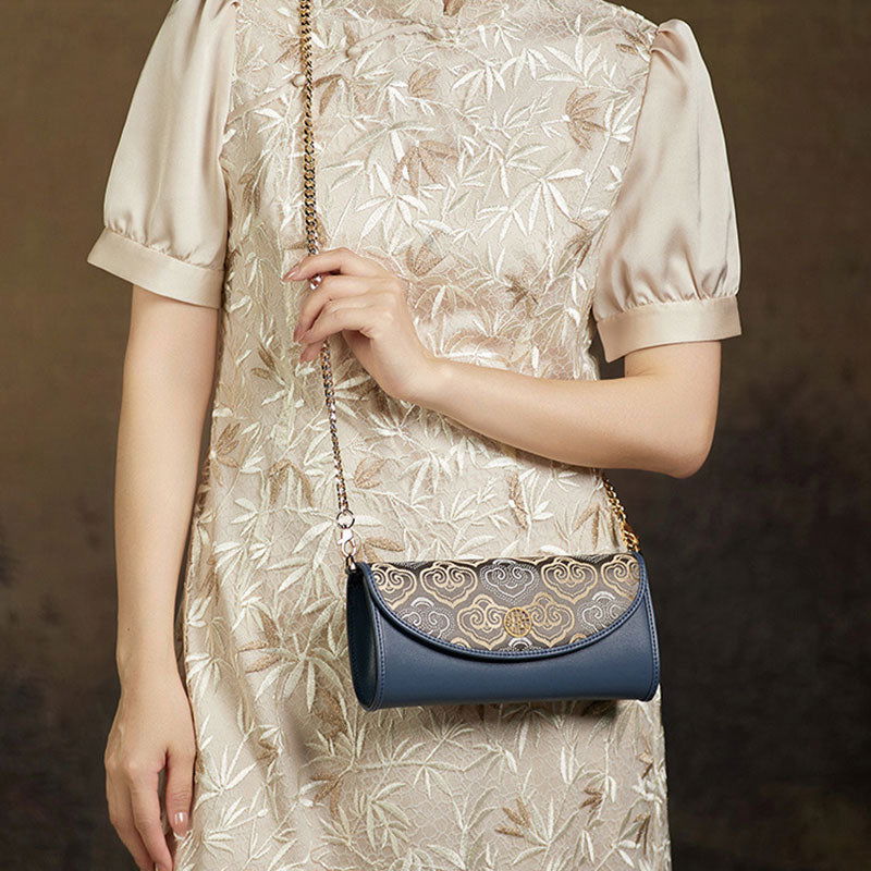 Embroidery Leather Clutch Baguette Bag Auspicious Cloud - SinoCultural