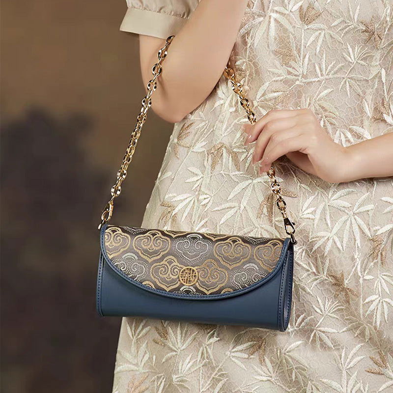 Embroidery Leather Clutch Baguette Bag Auspicious Cloud - SinoCultural