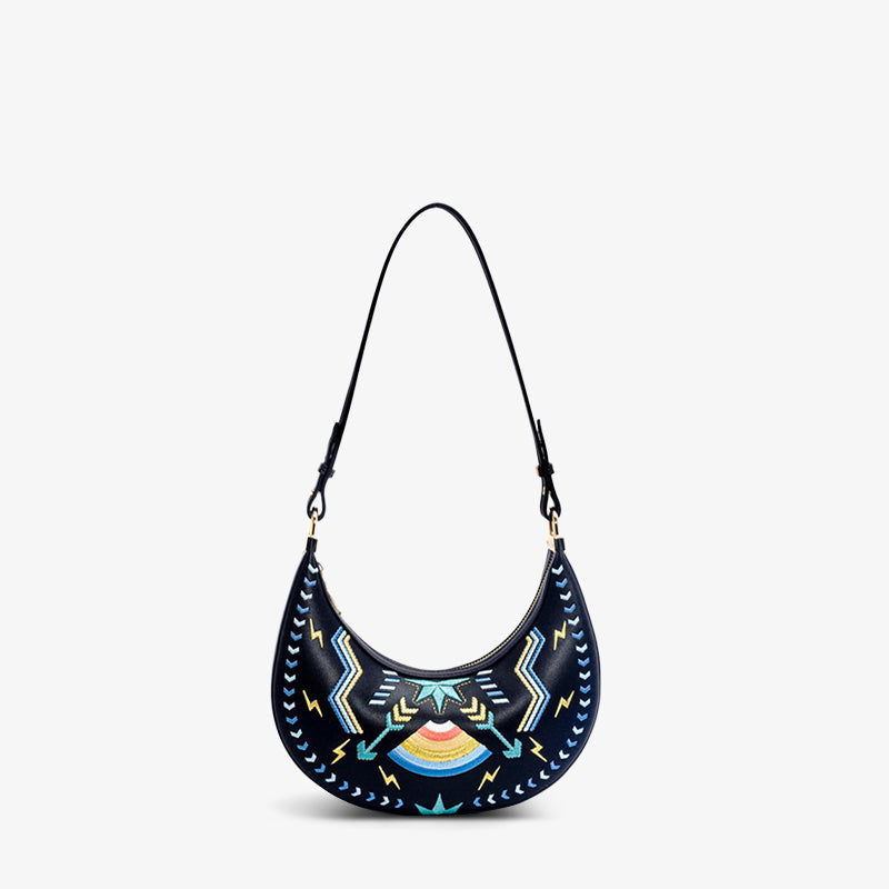 Embroidery Leather Crescent Single-Shoulder Bag - SinoCultural