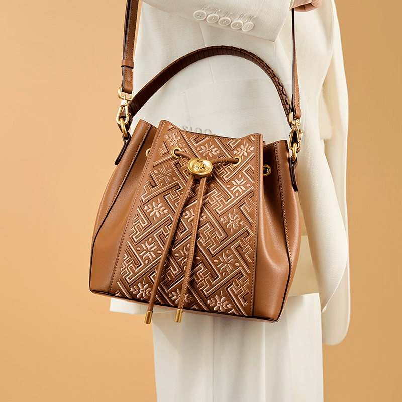 Zhuang Brocade Leather Crossbody Bag & Backpack in Retro Brown - SinoCultural -- P120769-1 - 