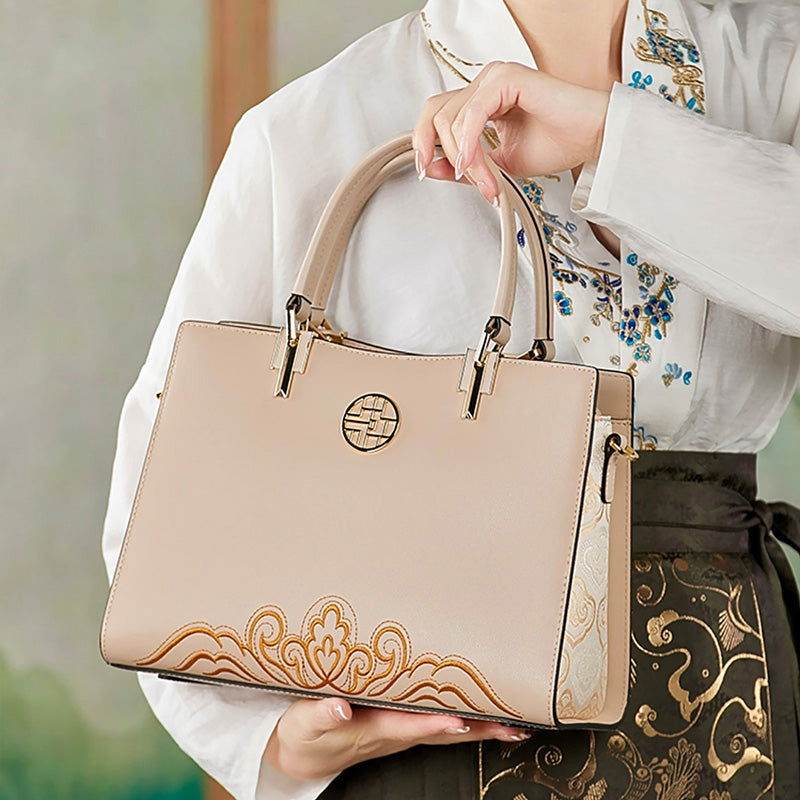 Embroidery Leather Crossbody Tote Bag Chinese Style Handbag - SinoCultural