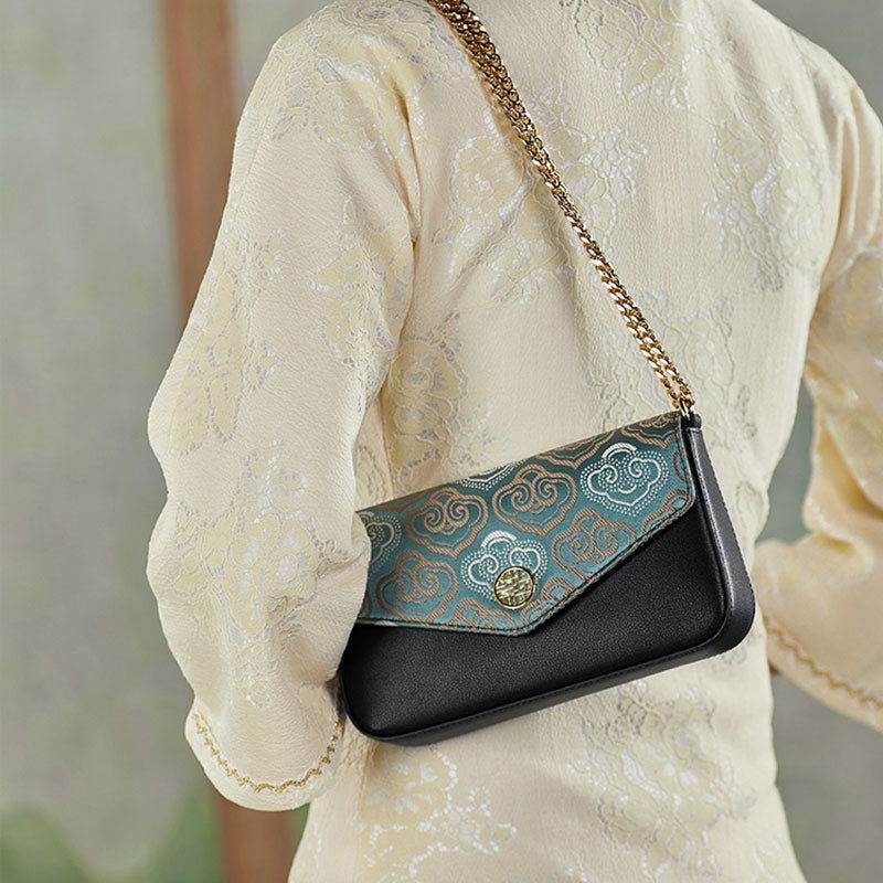 Embroidery Leather Flap Clutch Bag Auspicious Clouds Handbag - SinoCultural