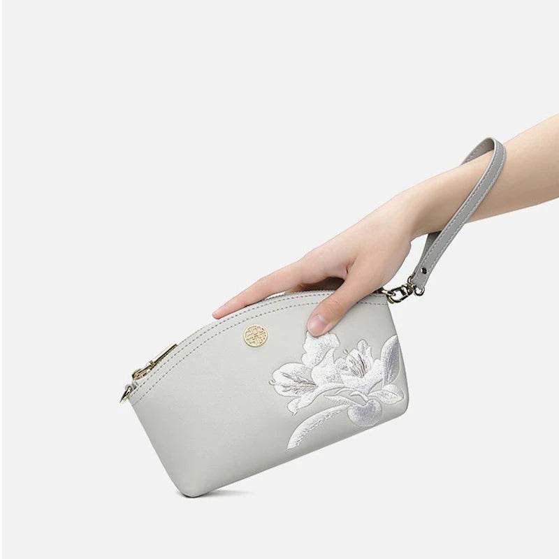 Embroidery Leather Grey Camellia Women Handbag Wallet - SinoCultural