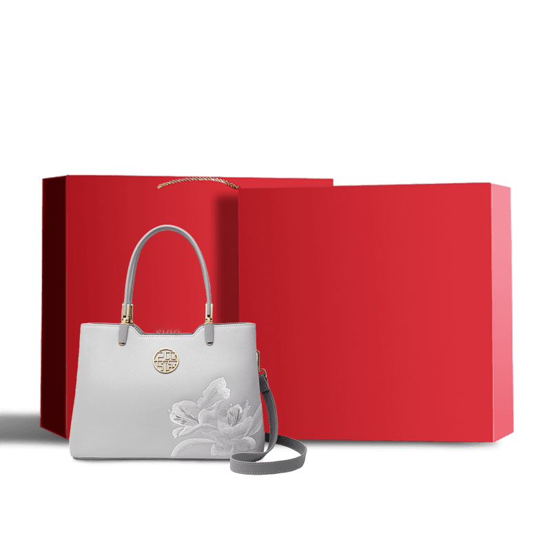 Embroidery Leather Grey Tote Bag Azalea Women Handbag - SinoCultural