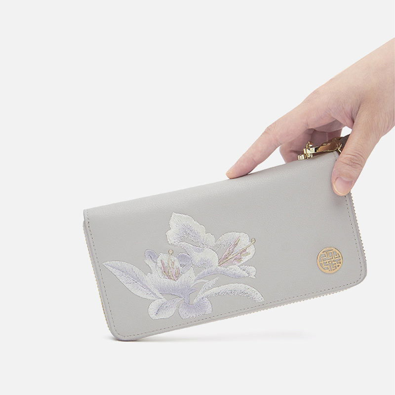 Embroidery Leather Grey Wallet Camellia - SinoCultural