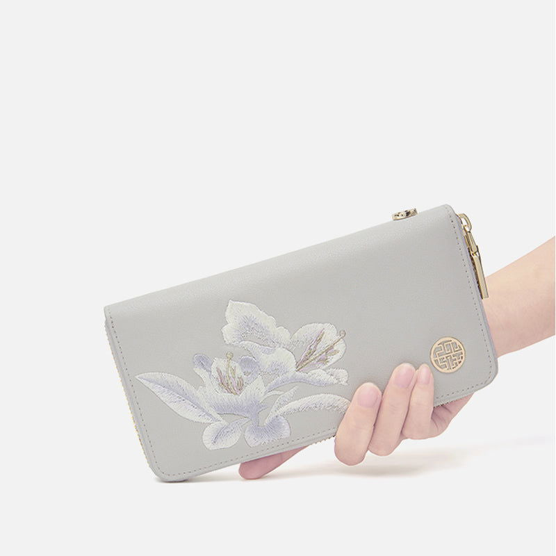 Embroidery Leather Grey Wallet Camellia - SinoCultural