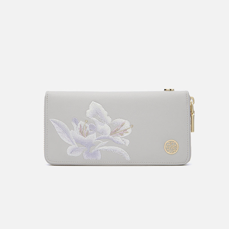 Embroidery Leather Grey Wallet Camellia - SinoCultural