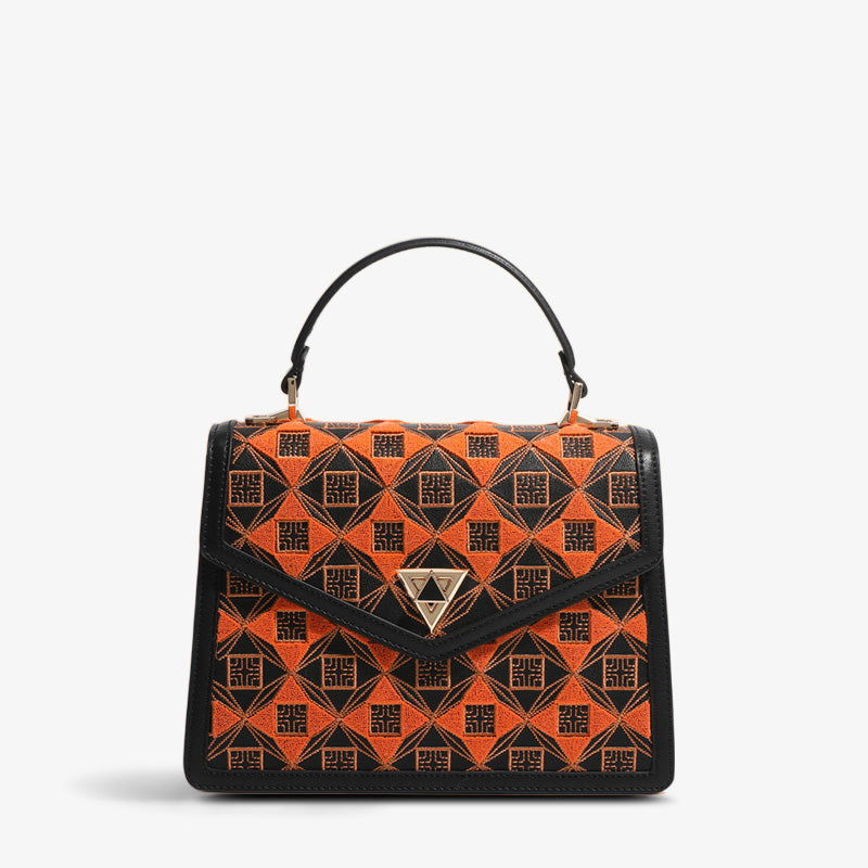 Embroidery Leather Handbag Geometry Ethnic Style - SinoCultural