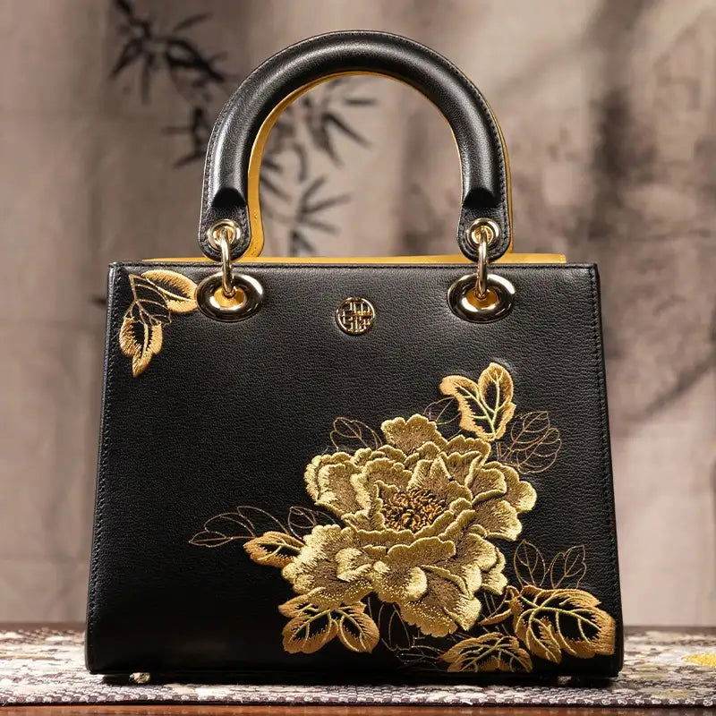 Embroidery Leather Black Lady Bag Gold Peony Luxury Handbag - SinoCultural -- P110146-1 - 
