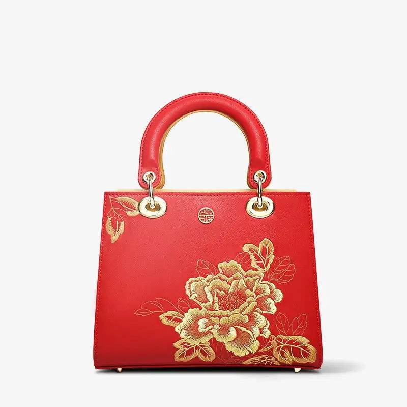 Embroidery Leather Black Lady Bag Gold Peony Luxury Handbag - SinoCultural -- P110146-1 - 