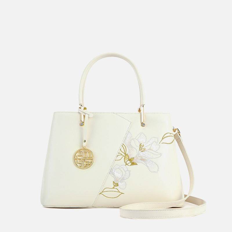 Embroidery Leather Magnolia Tote Bag Elegant Women Handbag with Scarf - SinoCultural -- P120348-3 - 