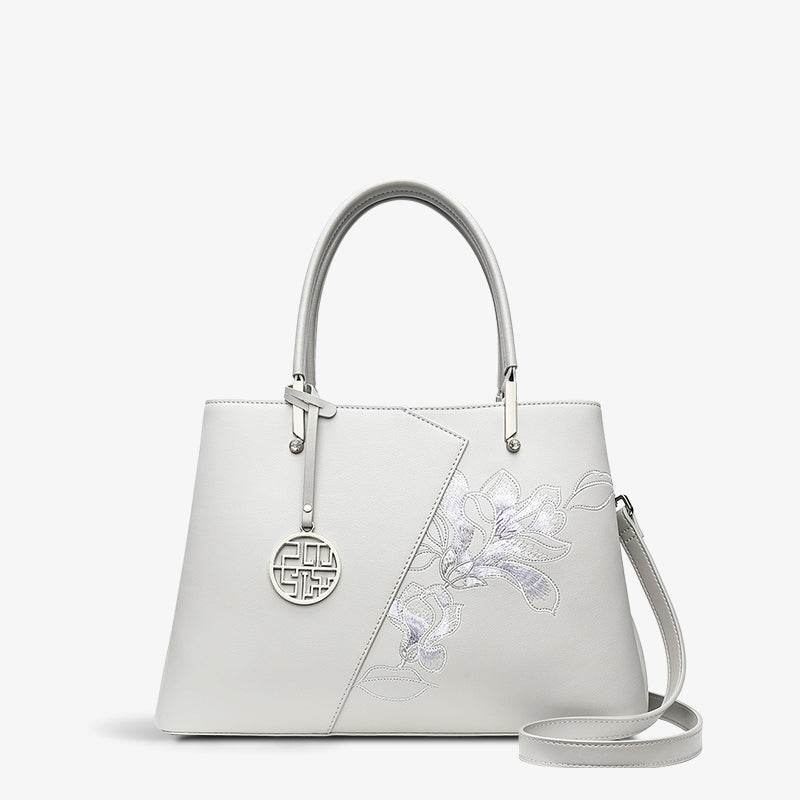Embroidery Leather Magnolia Tote Bag Elegant Women Handbag with Scarf - SinoCultural -- P120348-3 - 
