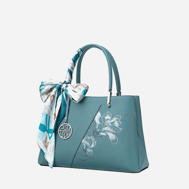 Embroidery Leather Magnolia Tote Bag Elegant Women Handbag with Scarf - SinoCultural -- P120348-3 - 