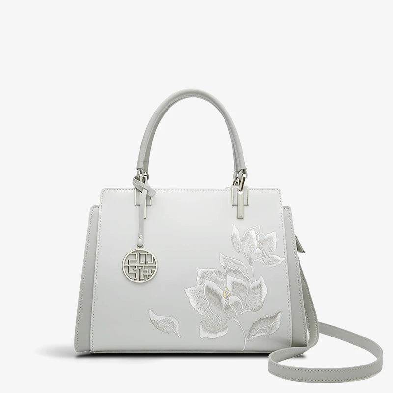 Embroidery Leather Magnolia Crossbody Tote Bag Women Handbag - SinoCultural -- P120335-2 - 