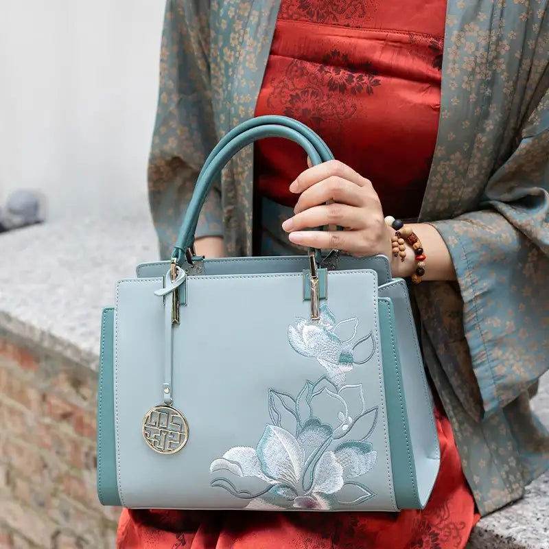 Embroidery Leather Magnolia Crossbody Tote Bag Women Handbag - SinoCultural -- P120335-2 - 