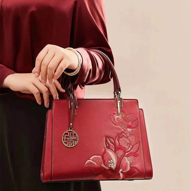Embroidery Leather Magnolia Women's Crossbody Tote Bag - SinoCultural