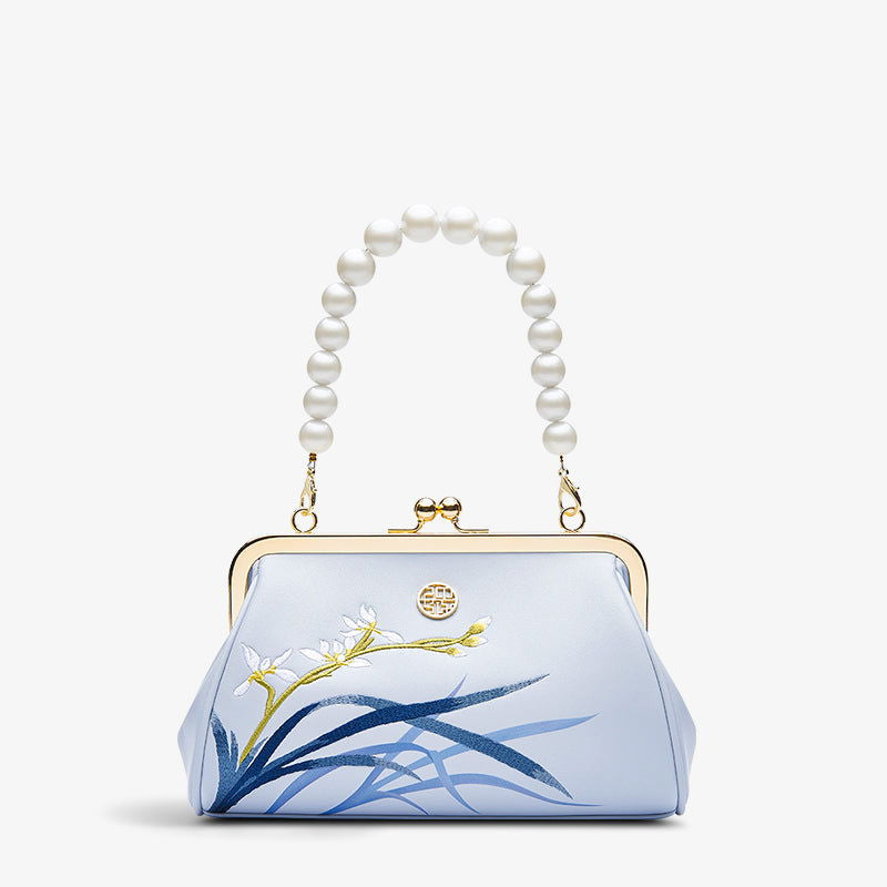 Embroidery Leather Pearl Chain Kiss Lock Clutch Handbag Orchid - SinoCultural