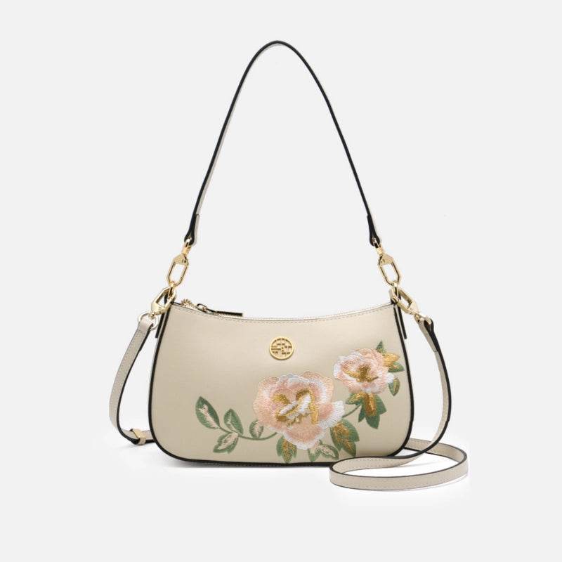 Embroidery Leather Peony Single Shoulder Hobo Bag - SinoCultural