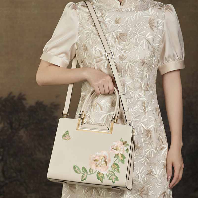 Embroidery Leather Peony Tote Bag Chinese Style Luxury Handbag - SinoCultural