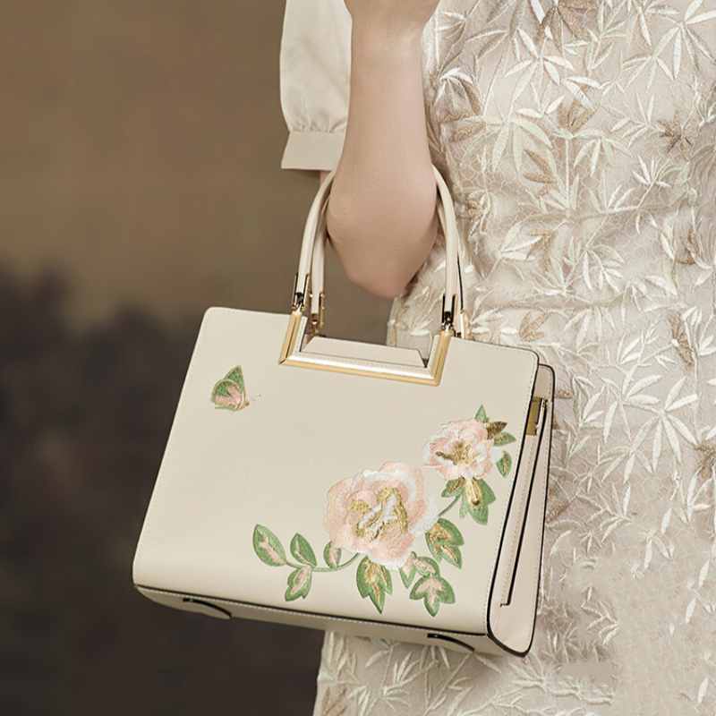 Embroidery Leather Peony Tote Handbag - SinoCultural