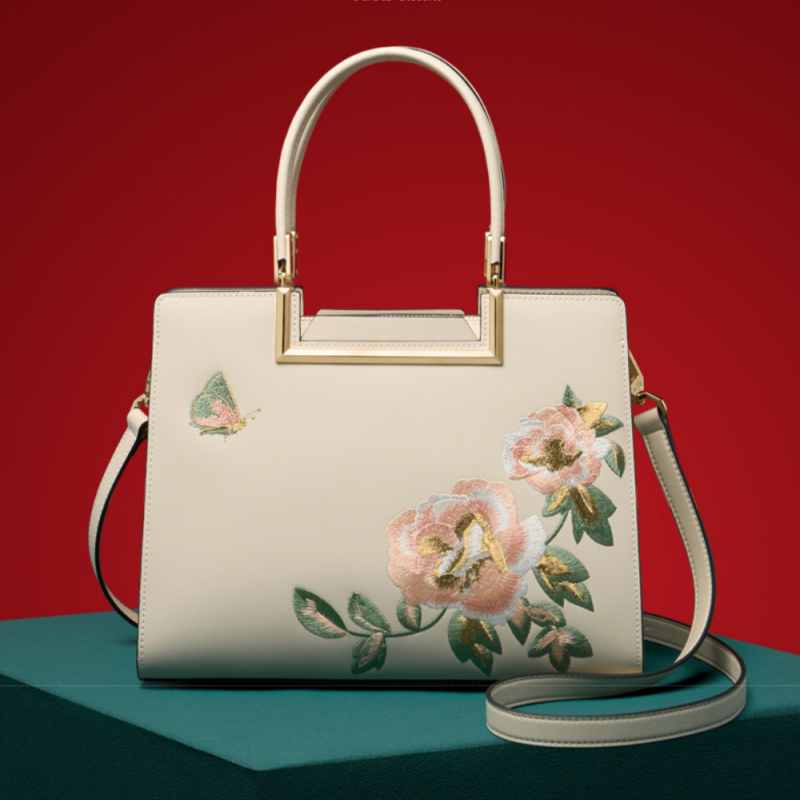 Embroidery Leather Peony Tote Handbag - SinoCultural