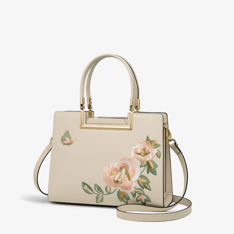 Embroidery Leather Peony Tote Handbag - SinoCultural