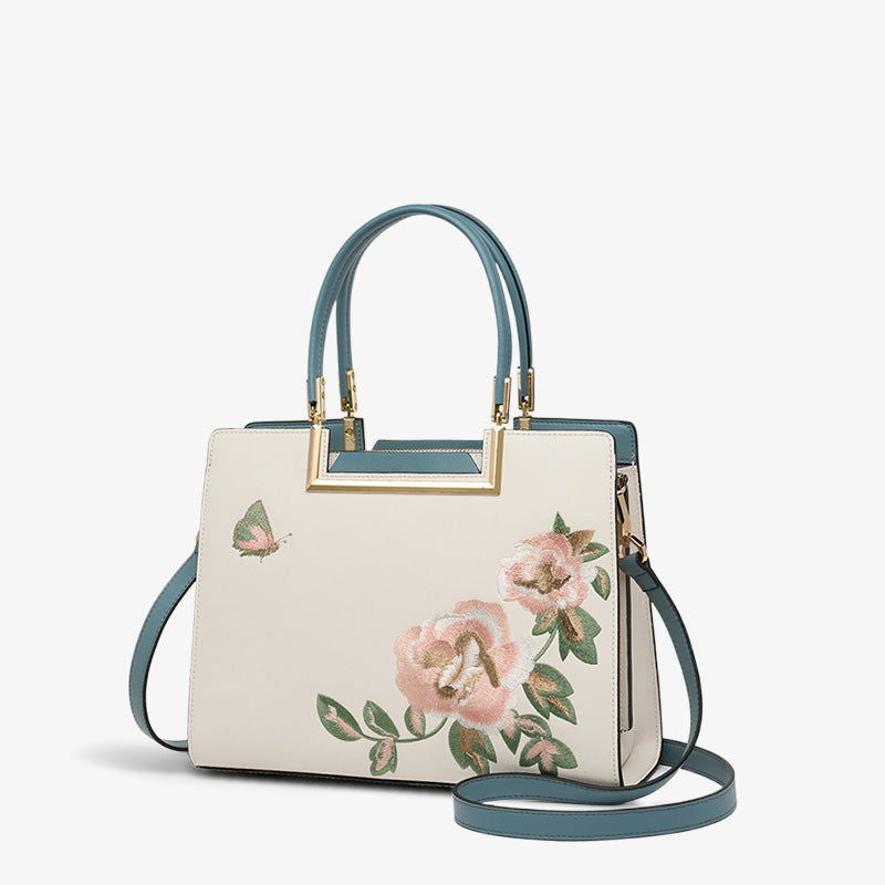 Embroidery Leather Peony Tote Handbag - SinoCultural