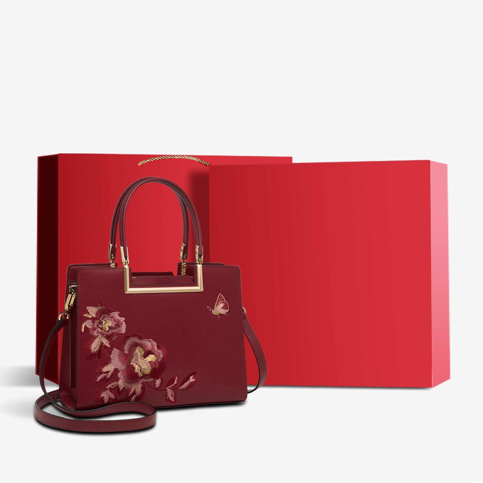 Embroidery Leather Peony Tote Handbag - SinoCultural