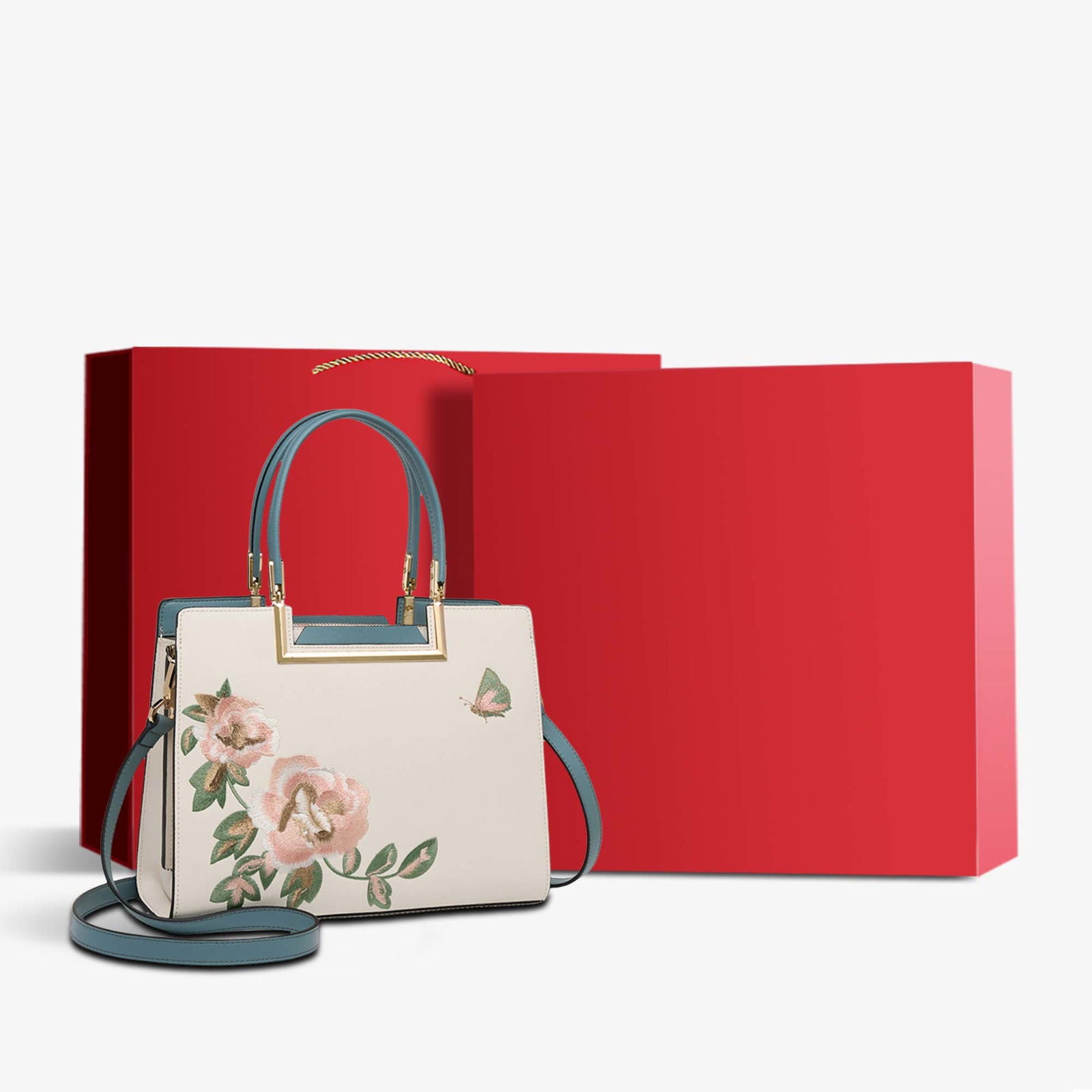 Embroidery Leather Peony Tote Handbag - SinoCultural