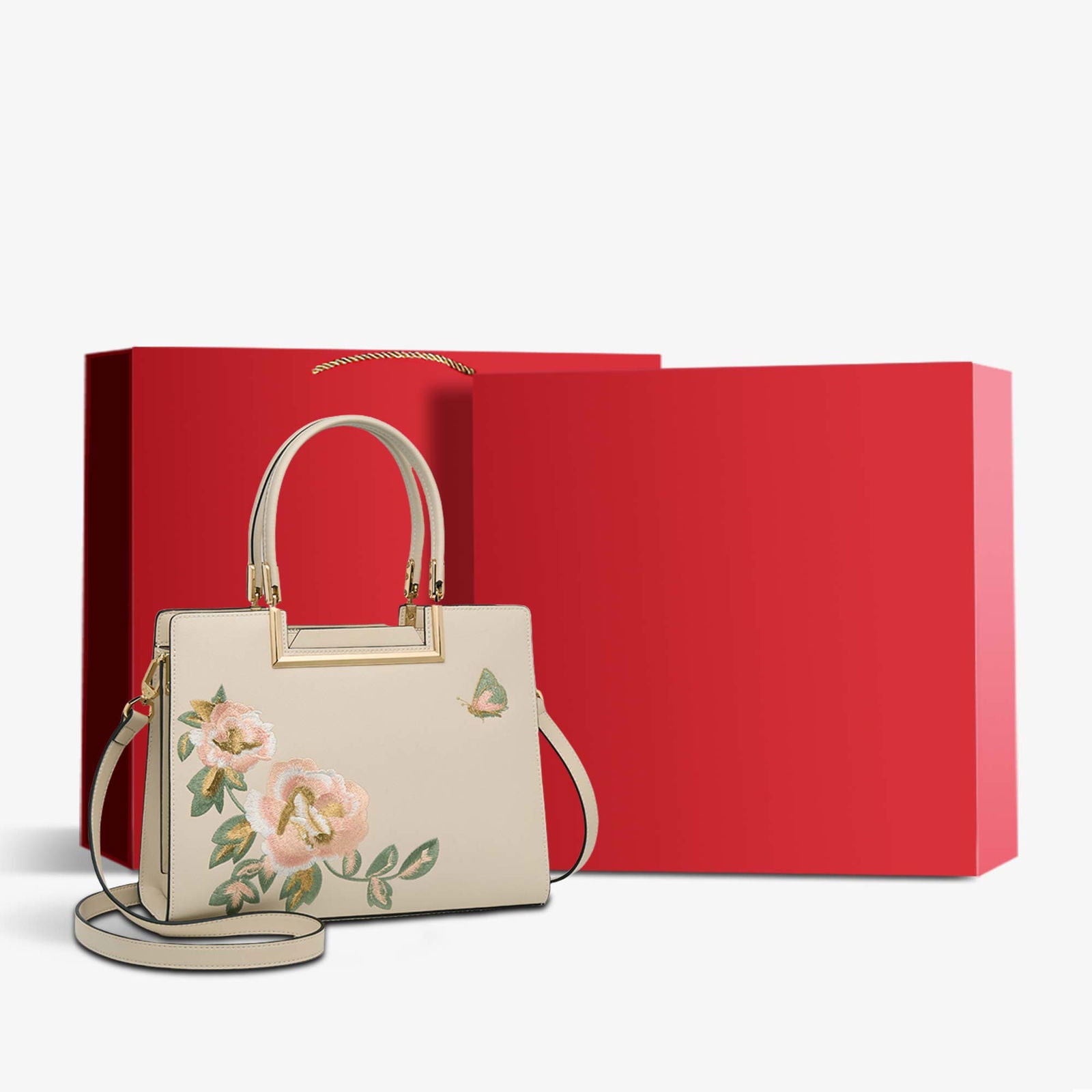 Embroidery Leather Peony Tote Handbag - SinoCultural