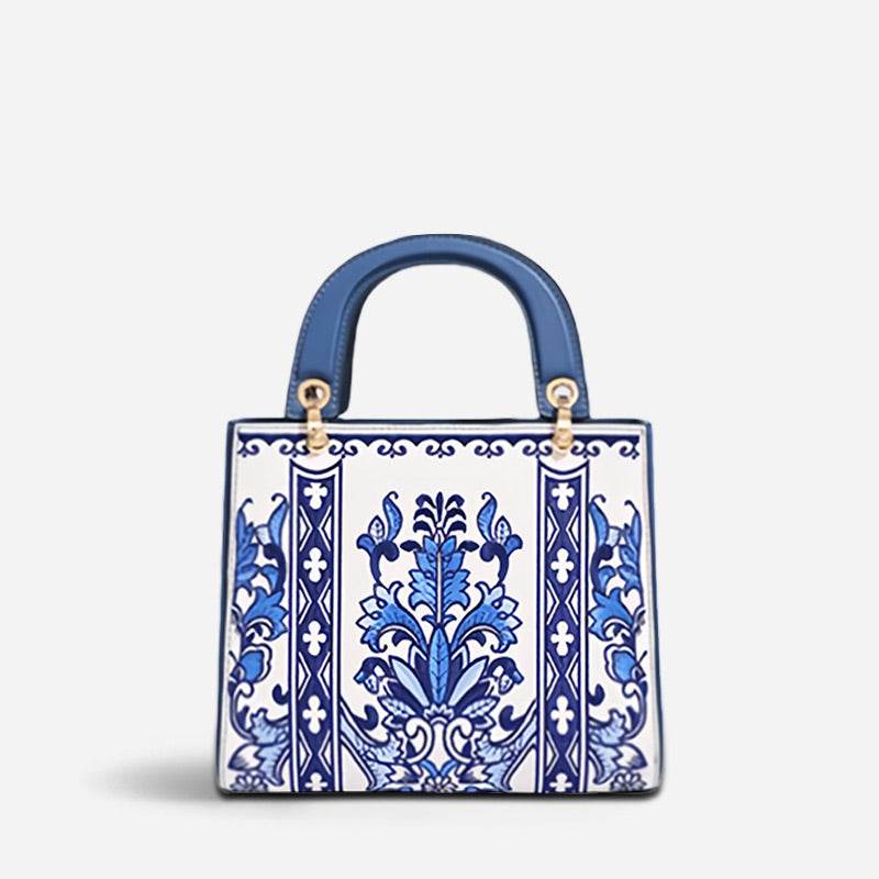 Handcrafted Embroidery Leather Handbag Blue and White Porcelain - SinoCultural