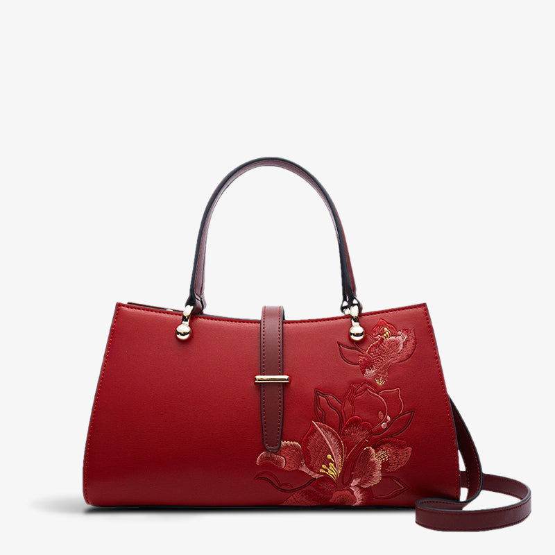 Embroidery Leather Red Magnolia Women's Crossbody Handbag - SinoCultural