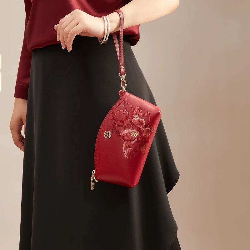 Embroidery Leather Red Magnolia Women‘s Handbag Wallet - SinoCultural