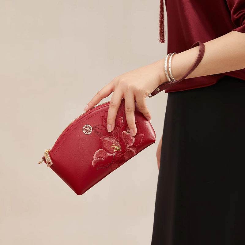 Embroidery Leather Red Magnolia Women‘s Handbag Wallet - SinoCultural