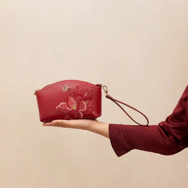 Embroidery Leather Red Magnolia Women‘s Handbag Wallet - SinoCultural