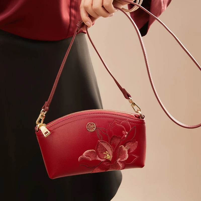 Embroidery Leather Red Magnolia Women‘s Handbag Wallet - SinoCultural
