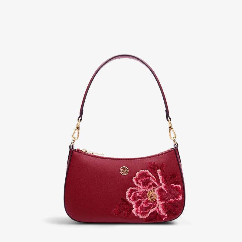 Embroidery Leather Red Shoulder Bag Peony Women's Hobo Handbag - SinoCultural -- P220212-2 - 
