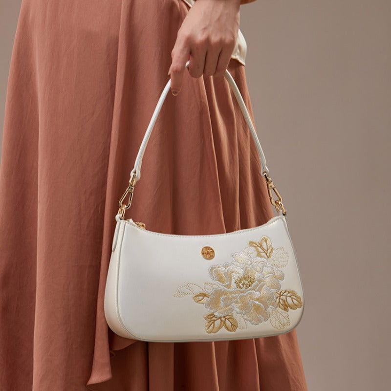 Embroidery Leather Red Shoulder Bag Peony Women s Hobo Handbag
