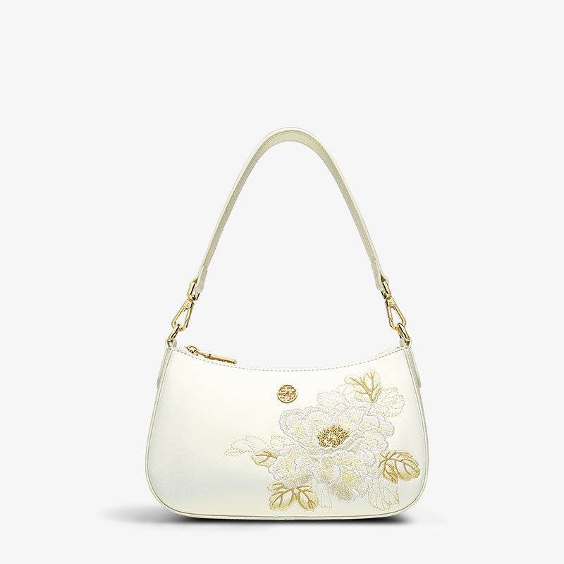 Embroidery Leather Red Shoulder Bag Peony Women's Hobo Handbag - SinoCultural -- P220212-2 - 