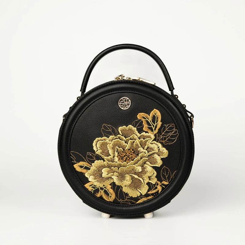 Embroidery Leather Round Handbag High Luxury Royal Gold Peony - SinoCultural